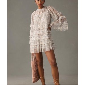 Mac Duggal Floral Print Long Flare Sleeve Mesh A-Line Dress